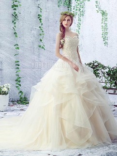 Jupe ample robe de mariée princesse sans manches en tulle et dentelle