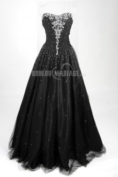 Broderie robe de mariée noire col en cœur paillette tulle			