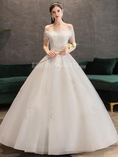 A-ligne robe de mariée 2020 épaule dégagé avec longueur au sol Robe de mariage pas cher décorée des appliques romantiques