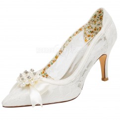 Chaussure de mariée en dentelle à talon de 8cm décorée de nœud papillon et de perles