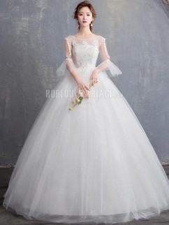 Nouveauté robe de mariée princesse col rond avec manches spéciales Robe de mariage pas cher sur mesure décorée des appliques