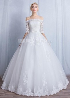 Mi-longue manches robe de mariée princesse en dentelle avec petit ruban