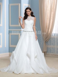Col haut robe de mariée jupe ample en dentelle et organza sur mesure