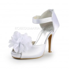 Chaussures de mariée fleur haut talon satin bride zip
