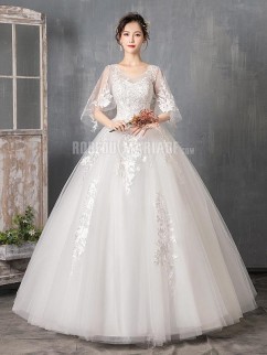 A-ligne robe de mariée princesse col rond romantique Robe de mariage pas cher 2020 longueur au sol décorée des appliques