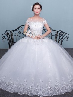 Robe de mariée princesse manches courtes robe à la main en dentelle pas cher