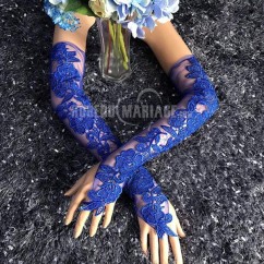 Bleu gants de mariée en tulle et dentelle avec longueur environ 50cm