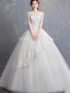 Classique robe de mariée princesse avec manche mi-longue Robe de mariage pas cher ornée des appliques et de ruban