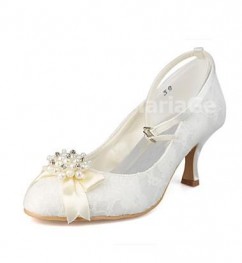 Chaussures de mariée perles noeud dentelle talon haut bride