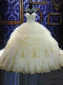Robe de mariée princesse bustier sans bretelle paillettes en organza