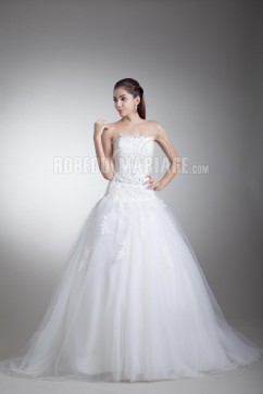 A-ligne robe de mariée sans bretelle décorée applique perle en tulle