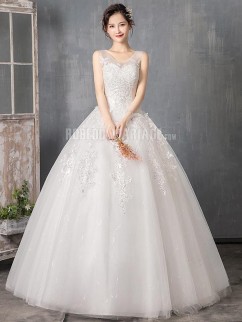 Robe de mariée princesse classique sans manches Robe de mariage pas cher longueur au sol laçage dans le dos Nouveauté 2020