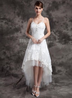 Forme princesse col V traîne asymétrique organza tulle robe de mariée dentelle emperler 
