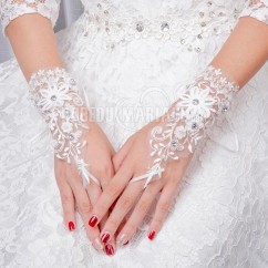Gants de mariée ornés de stras perles et de fleurs Gants avec lacet 