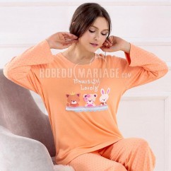 Pyjama emsemble pour femme col rond coton manches longue 