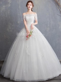 Simple robe de mariée épaule dégagée avec manche courte Robe de mariage nouveauté longueur au sol avec décoration des apppliques