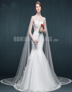 Sexy robe de mariée sirène col rond à traîne courte