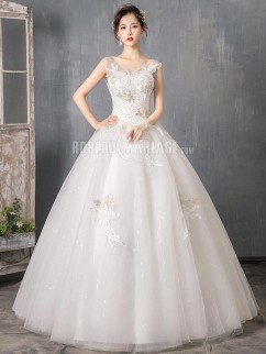 A-ligne robe de mariage 2020 sans manches longueur au sol Robe de mariée princesse pas cher décorée des appliques