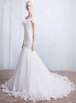 Belle robe de mariée sirène 2016 épaule asymétrique en tulle