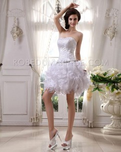 Boule robe de mariée courte jupe multi-couches ornée de perles en satin organza