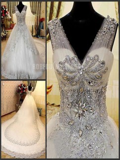 1M traîne cathédrale robe de mariée princesse en strass perles et dentelle 