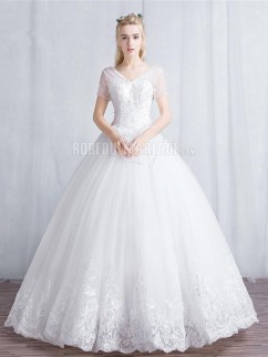 2016 Robe de mariée princesse manche courte en dentelle perles