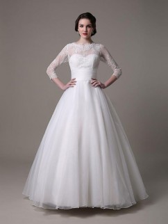 3/4 manches robe de mariée en satin robe vintage ornée de paillettes