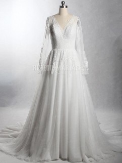 Robe de mariée A linge robe pour mariage simple avec manches longue pas cher
