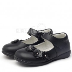 Chaussures de fille Empaigne en cuir noir ornée de petits fleurs Chaussures enfant de tous les jours
