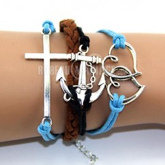 Bracelet en corde croix Ancre amour infini à double coeur