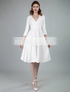 Robe de mariée courte col en V avec 3/4 manches robe sur mesure pas cher