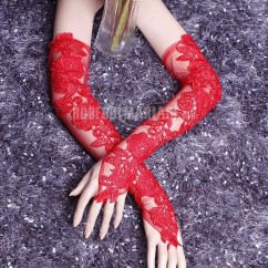 Rouge gants de mariée en tulle et dentelle avec longueur environ 50cm