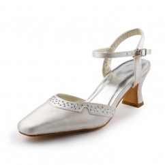 Sandale chaussure de mariée perlée avec talon gros en satin et similicuir