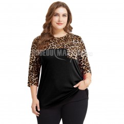 T-Shirt femme col rond avec 3/4 manche à motif de léopard Vêtement grande taille