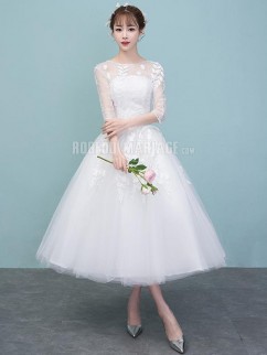 Robe de mariée civile avec manches mi-longue simple robe à la main pas cher