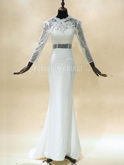 Robe de mariée fourreau ornée de fleurs robe à la main manches longues pas cher