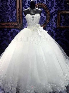Bustier	robe de mariée applique col en cœur dentelle organza 