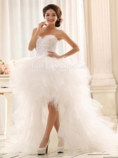 Longueur asymétrique robe de mariée sans bretelle col en coeur organza pas cher