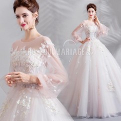 Col rond robe de mariée princesse avec manche longue transparente Robe de mariage pas cher décorée des fleurs délicates