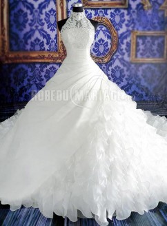 Col haut robe de mariée princesse organza dentelle perles 