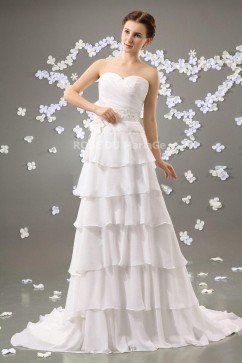 Col en coeur jupe multi-couches ornée de fleurs perles robe de mariée en chiffon