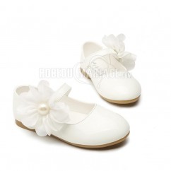 Chaussures de fille Empaigne en cuir vernis orné de fleur et de perle 3 couleurs à choisir