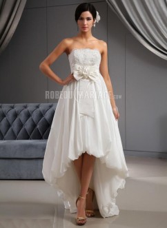 Sans bretelle traîne asymétrique taffetas robe de mariée avec dentelle fleur