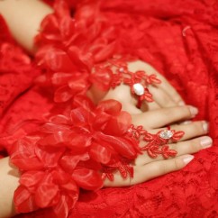 Rouge gants de mariée décoré de stras avec longueur environ 18cm